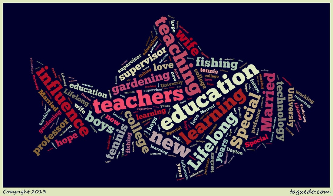 A colorful word cloud of education terms in the shape of a fish.